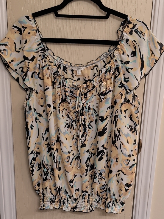 NICOLA Tops - Nicola 90's Brushstroke Tie Front with Sequin Accents Ruffle-Sleeve Top - Size M